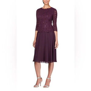 NWOT Alex Evenings Purple Tea-Length Dress Sequin Lace Bodice & Chiffon Skirt